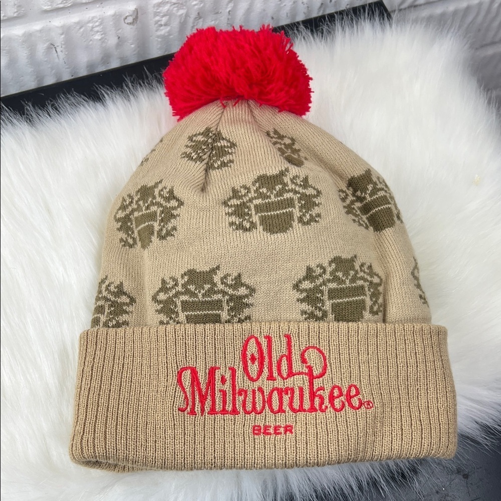 Old Milwaukee Beer Beanie with Red and Tan Design